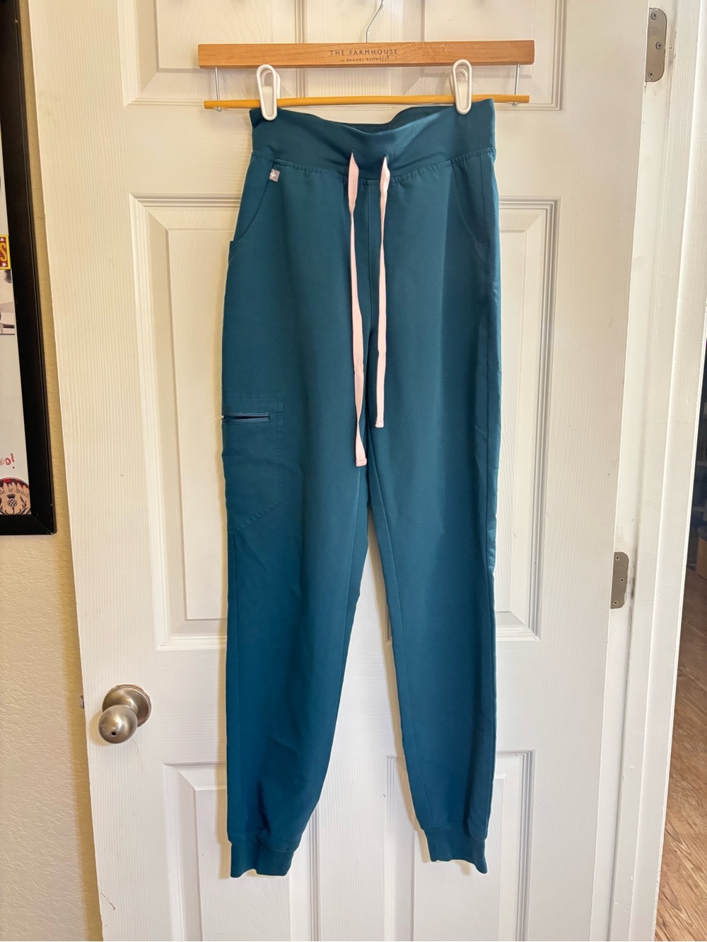 Figs deep Teal jogger Scrub pants with Pink drawstring
